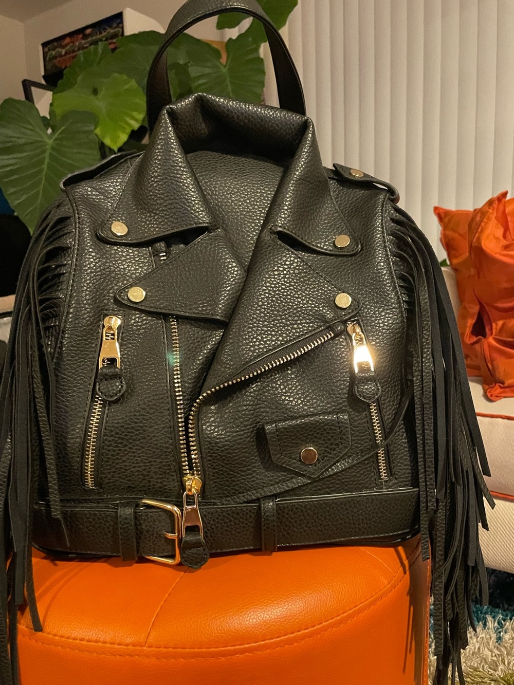 Fringed Black Faux Leather Biker Backpack